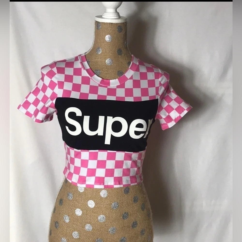 Topia Pink and White Checkered “Super” Crop Top Size Medium New Without Tags
